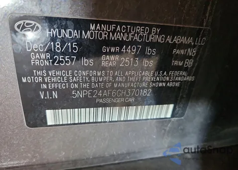 2016 Hyundai Sonata Se z USA, uszkodzony, nr VIN 5NPE24AF6GH370182